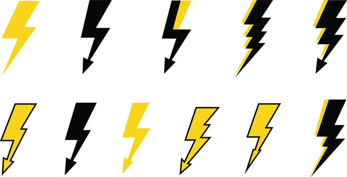 Collection of yellow and black lightning bolt with sharp edges symbol electricity