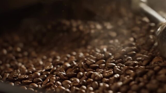 Coffee beans tumbling inside roaster machine