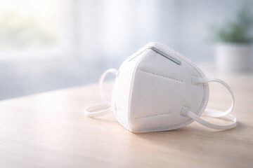 Safe mask rests on wooden table, symbolizing importance of protection and safe passage in daily life