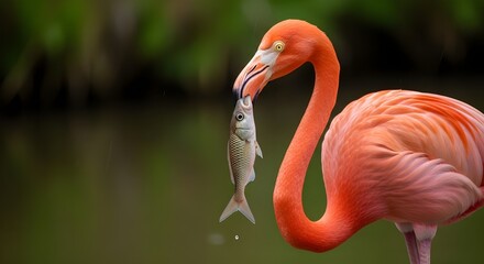 Vibrant Pink Flamingo Catching and Eating a Small Fish in its Beak