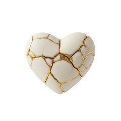 White ceramic heart repaired with gold kintsugi cracks