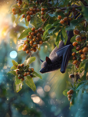 Obraz premium Fruit bat feeding on ripe fruit at dusk among leafy branches, warm light and soft bokeh creating peaceful wildlife scene