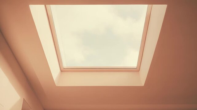 Bright daylight enters a contemporary living space through a squared roof window, creating an open and airy atmosphere with a view of the sky and clouds