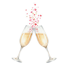 Watercolor champagne toast with pink floating hearts