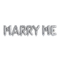 Silver foil balloon typography spelling Marry Me