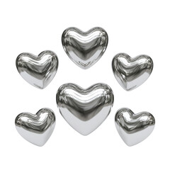 Set of six shiny metallic silver 3D hearts