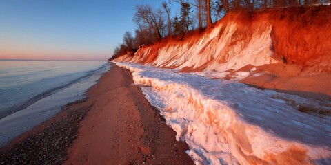 Sandy beach with eroding bluffs and lake ice at sunrise