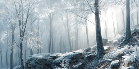 Fototapeta premium Frozen forest path winding through misty winter trees