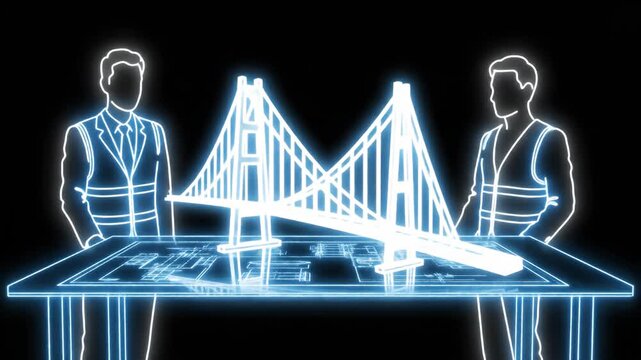 Neon blueprint team collaborate around a bridge model.