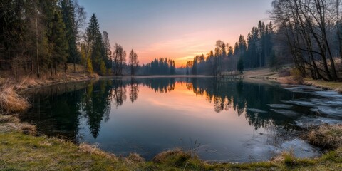 Fototapeta premium Lake reflecting forest at sunset with ice