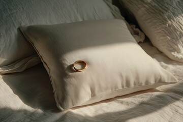 Fototapeta premium Interior bedroom scene with empty pillow and wedding ring on folded fabric representing widowhood and life after spouse death, ideal for grief loss memory and bereavement mental health concept.