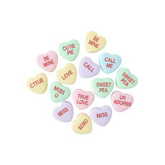 Scattered pile of pastel conversation hearts with text