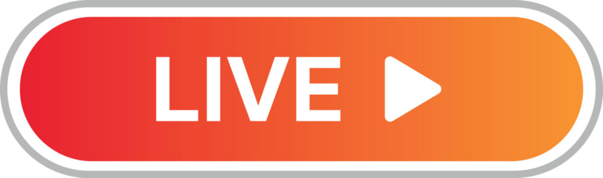 Red orange gradient rounded rectangle button with white text LIVE and play live button play streaming