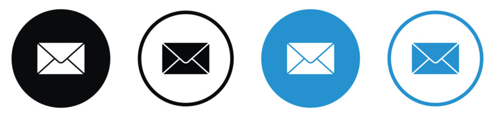 Set of four minimalist mail and email icons in circular frames. Black and blue variations in solid and line art styles. Clean vector symbols for communication, messaging, inbox, and contact us.