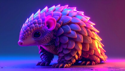 Obraz premium A vibrant, neon-lit illustration of a pangolin. It's rendered with a 3D effect. The creature has detailed scales and dark eyes
