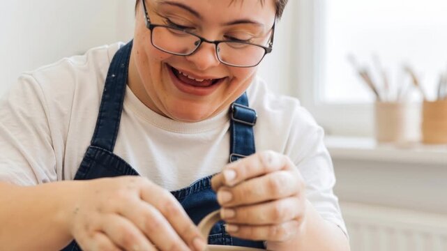 Young man with Down syndrome smiling in a pottery workshop. Happy male artist with clay on hands wearing an apron. Inclusion and creativity concept