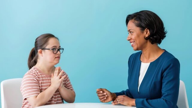 Professional counselor talking to a young woman with Down syndrome. Diverse therapist giving advice to a female patient. Mental health support and inclusion concept