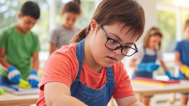 Schoolboy with Down syndrome wearing glasses and gloves in a workshop. Inclusive education and special needs learning environment