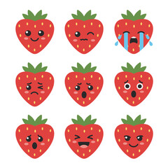 Set of Kawaii Strawberry Emoticons with Various Facial Expressions and Emotions, Cute Red Fruit Characters for Social Media and UI Design Stickers