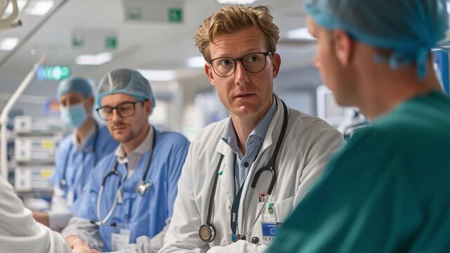 A group of doctors meets in a medical facility to talk about patient care. They focus on treatment options and the best approaches to use. The meeting takes place during a busy hospital shift
