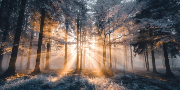 Golden sun rays penetrating misty winter forest