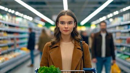 Young woman spontaneously paying for groceries, gigapixel standard v2, 4x resolution