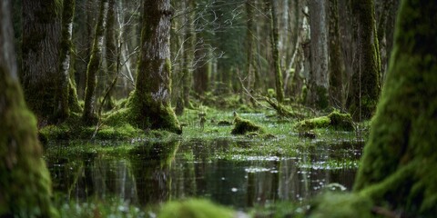 Swamp forest landscape with mossy trees and water reflections