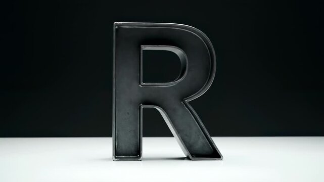 Metal letter R stands on table against black background