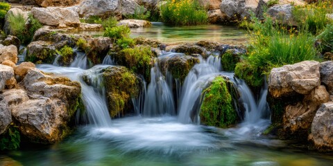 Cascading water flowing over mossy rocks creating a tranquil stream