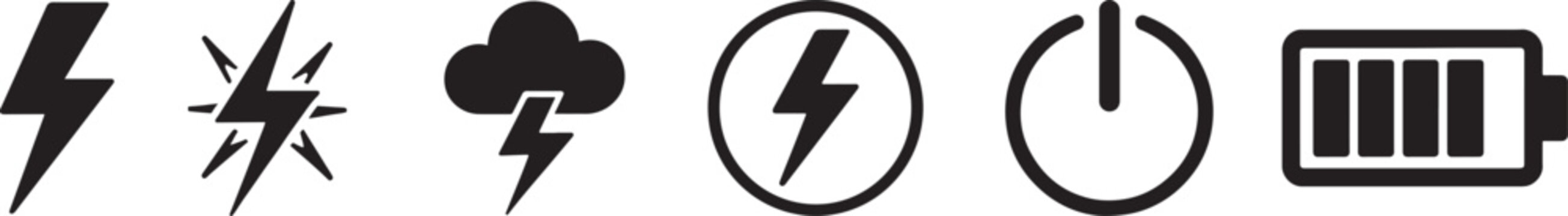 Flash thunder power icon set with lightning energy symbols for electricity, weather and tech design.