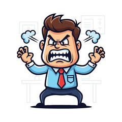 A cartoon man in a blue shirt and red tie is furious, screaming with fists raised in an office setting.