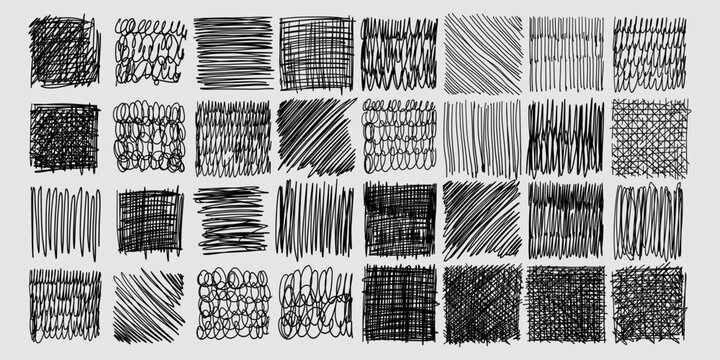 Pen shaded squares. Pen stroke scribble, hand drawn scrawl sketch texture and line sketched background vector set of pencil stroke square scribble illustration