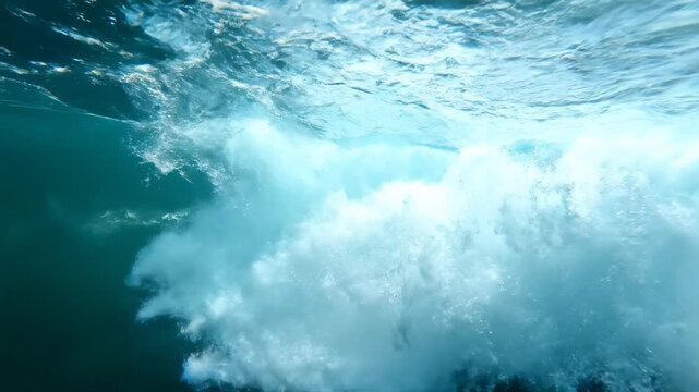 Underwater view of ocean wave crest breaking
