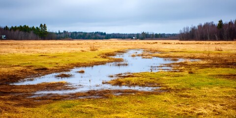 Wetland landscape featuring water reflecting sky and autumn grass