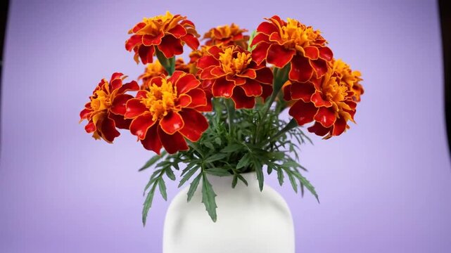 Vibrant marigold flower bouquet in a white vase against a soft purple backdrop