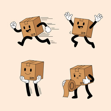 Dynamic delivery box characters in vintage rubber hose style showing running jumping carrying and packing for logistics service vector set