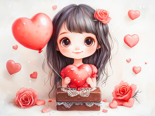 Cartoon Girl with Roses and Hearts Sweet Valentine&rsquo;s Day Artwork