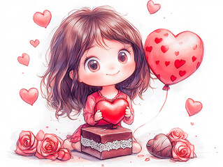 Cartoon Girl Surrounded by Roses Romantic Valentine&rsquo;s Day Illustration