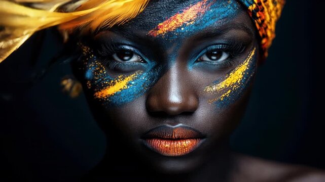 Beauty portrait of woman with blue and gold face paint and feather headpiece turning to side