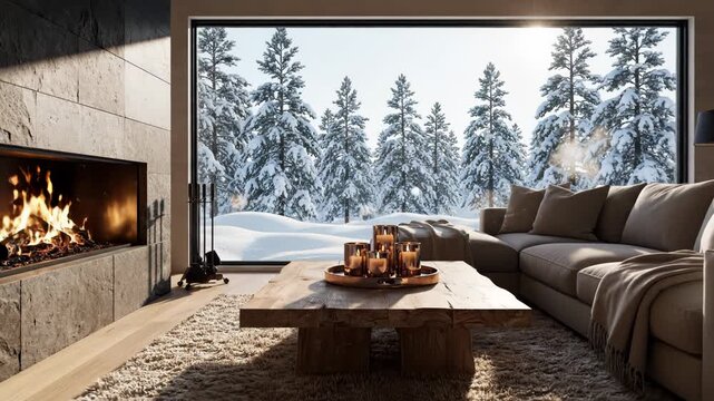 Cozy living room with fireplace and snowy landscape outside window view