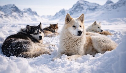 Two cute Siberian husky sled dogs with blue eyes and thick fur sit in the cold white winter snow as a portrait of nature