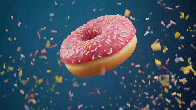 Exploding donut with colorful sprinkles on a blue background.