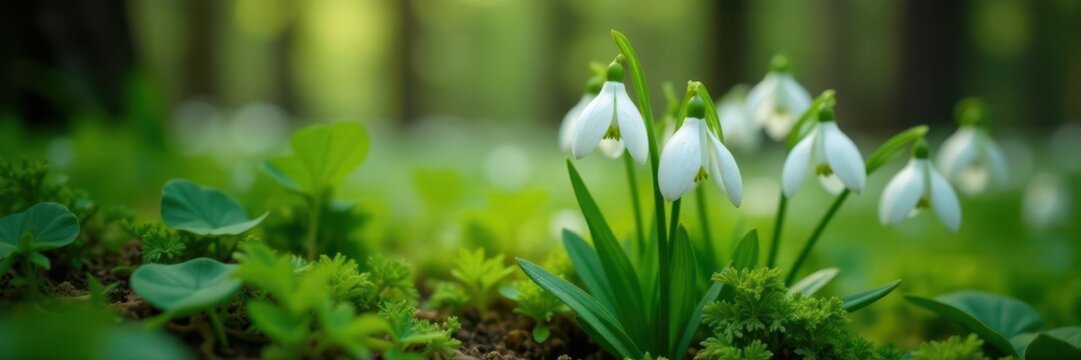 Galanthus nivalis blooms amongst lush green spring forest foliage , environment, foliage