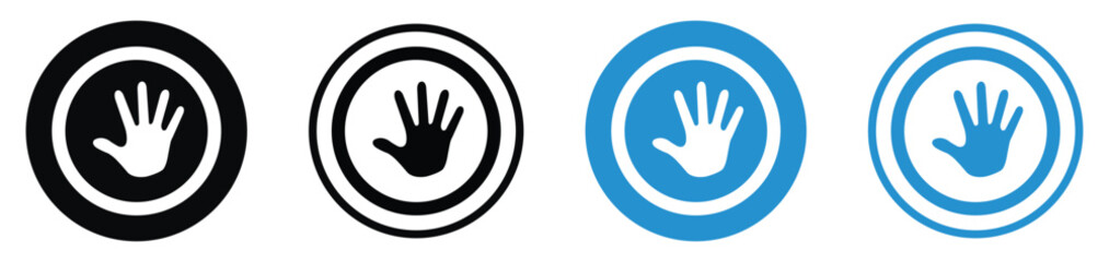 Obraz premium Handprint silhouette icons within circular borders. Can represent touch ID, stop signs, human contact, palm prints, or security authentication for digital and physical access.