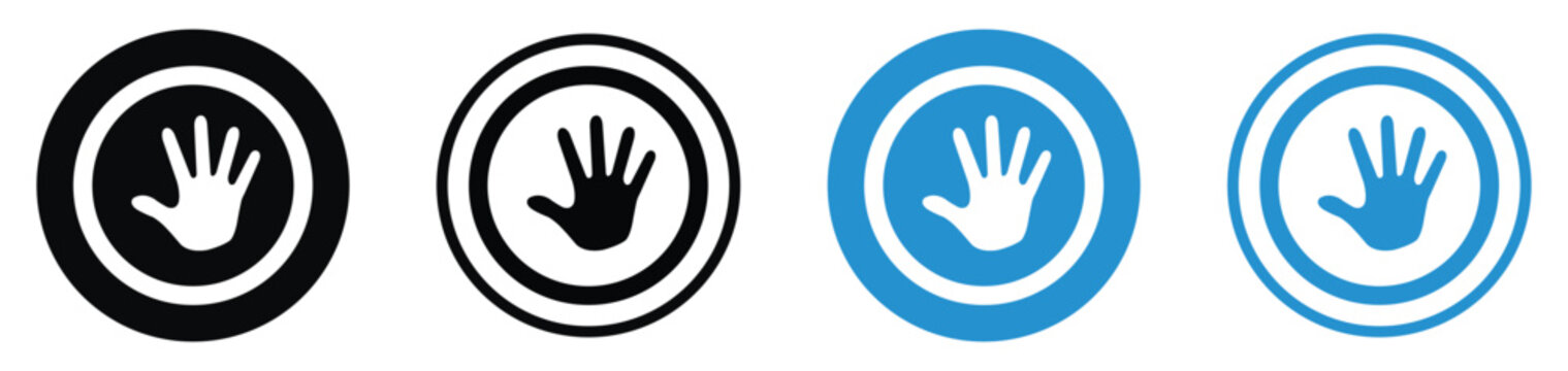 Handprint silhouette icons within circular borders. Can represent touch ID, stop signs, human contact, palm prints, or security authentication for digital and physical access.
