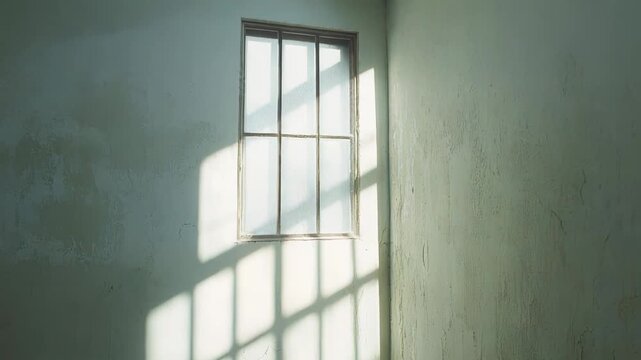Sunlight entering through a window creating strong grid shadows on textured green walls, emphasizing concepts of light, hope, solitude, and architectural detail in an aged interior space