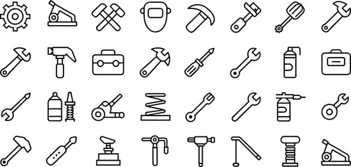 Obraz premium Industrial tools and mechanical equipment icons set, construction repair hardware line vector illustration for engineering maintenance workshop concepts design
