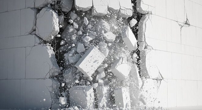 White concrete wall exploding into rubble and debris fragments