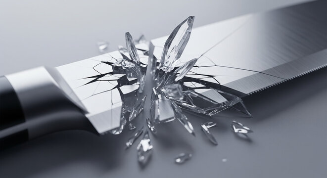 Metal chef knife blade shattering into glass shards on grey background