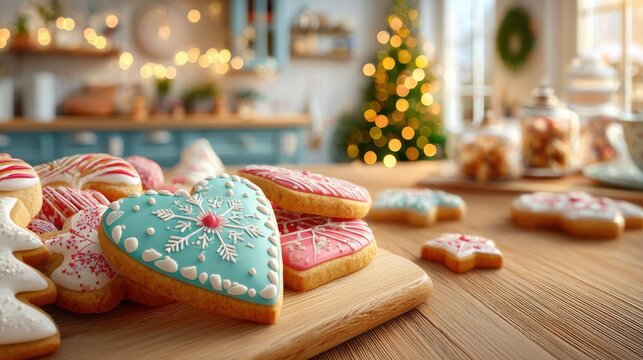 Decorated sugar cookies in heart and star shapes with pastel icing on wooden board in cozy kitchen with christmas tree bokeh. festive home baking concept